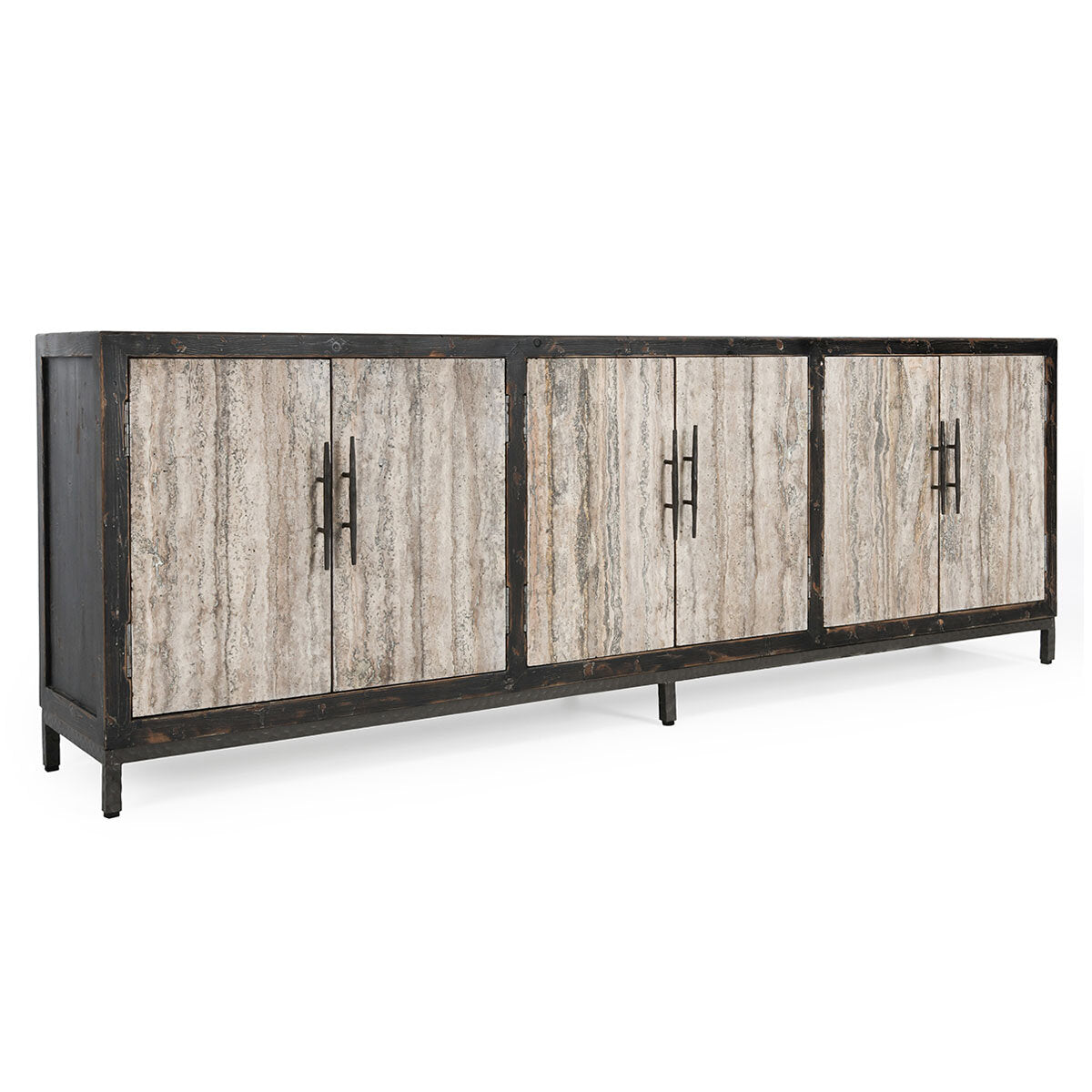 Lisbon 6 Door Cabinet Weathered Black/Travertine
